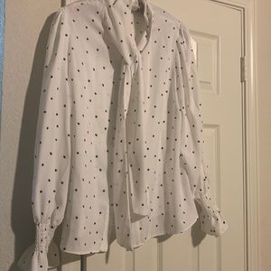 Black & White Polk-Dotted Tie Blouse Button Down